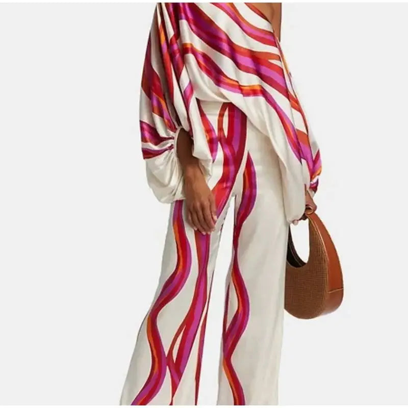 Satin Print Pajama Set Off-Shoulder Slash-Neck Top Long Pants — White | KIMLUD