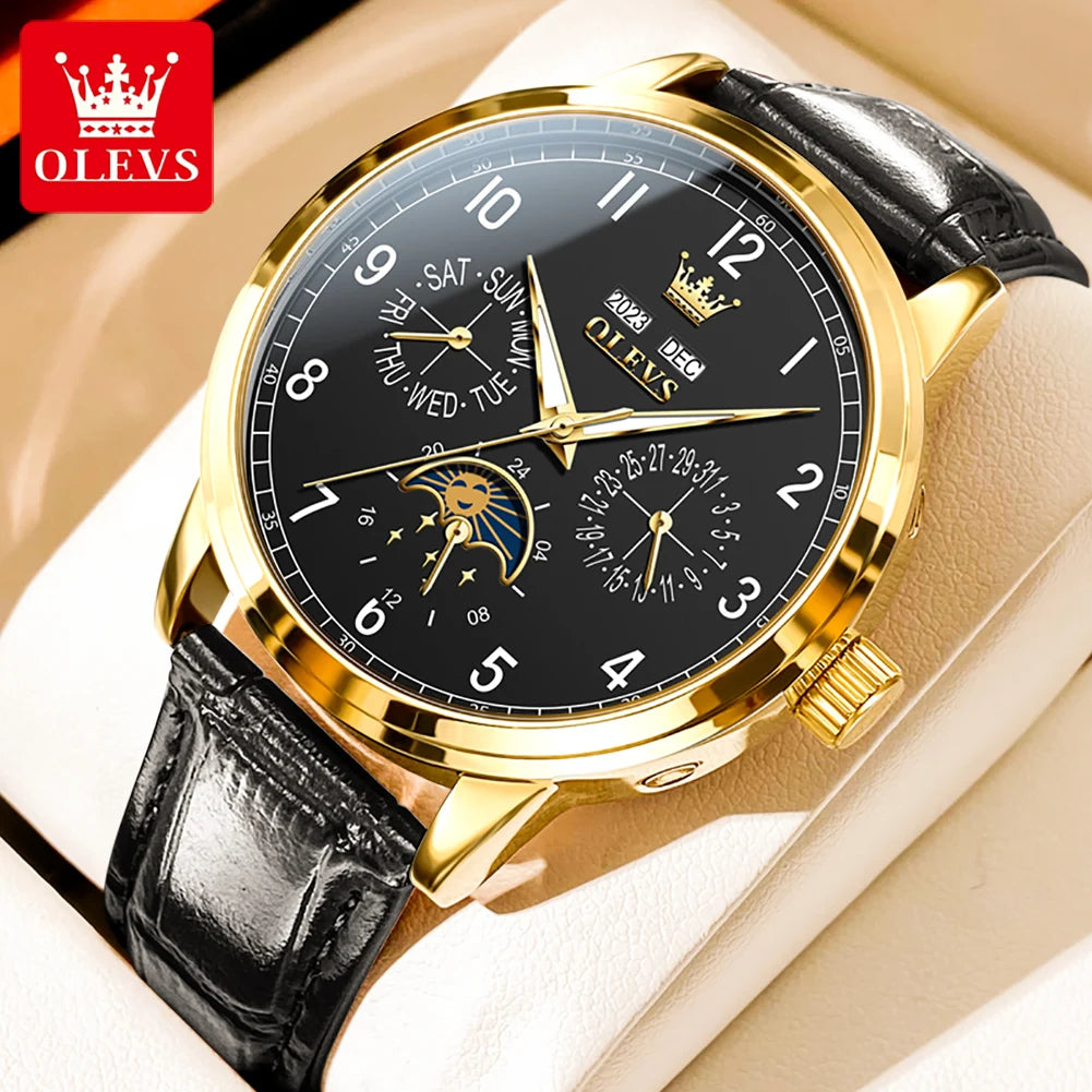 Leather Dress Watch Moon Phase Automatic — Black | KIMLUD