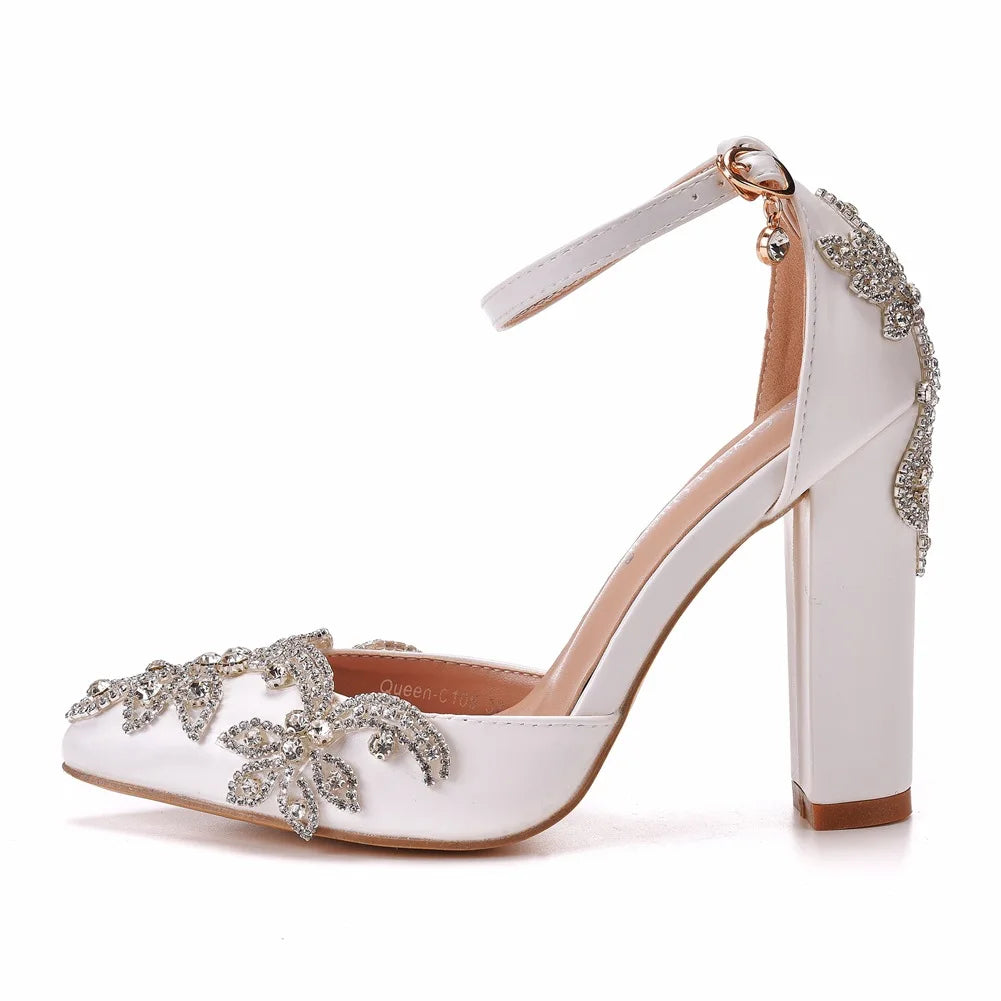 PU Sandals Rhinestone Flower Embellished Square Heel — White | KIMLUD
