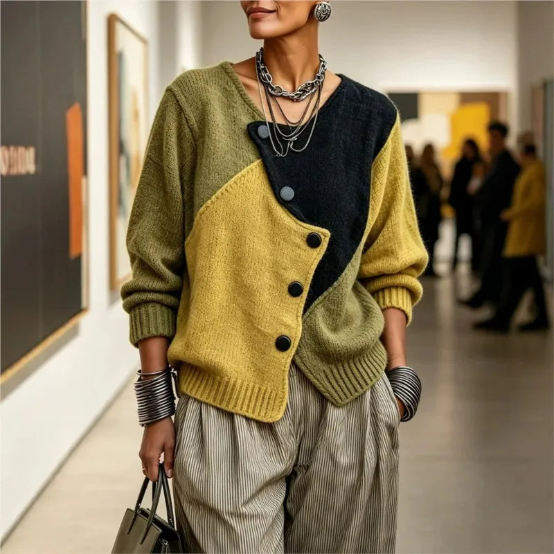 Patchwork Knit Cardigan – Asymmetric Button – Loose Long Sleeve | KIMLUD