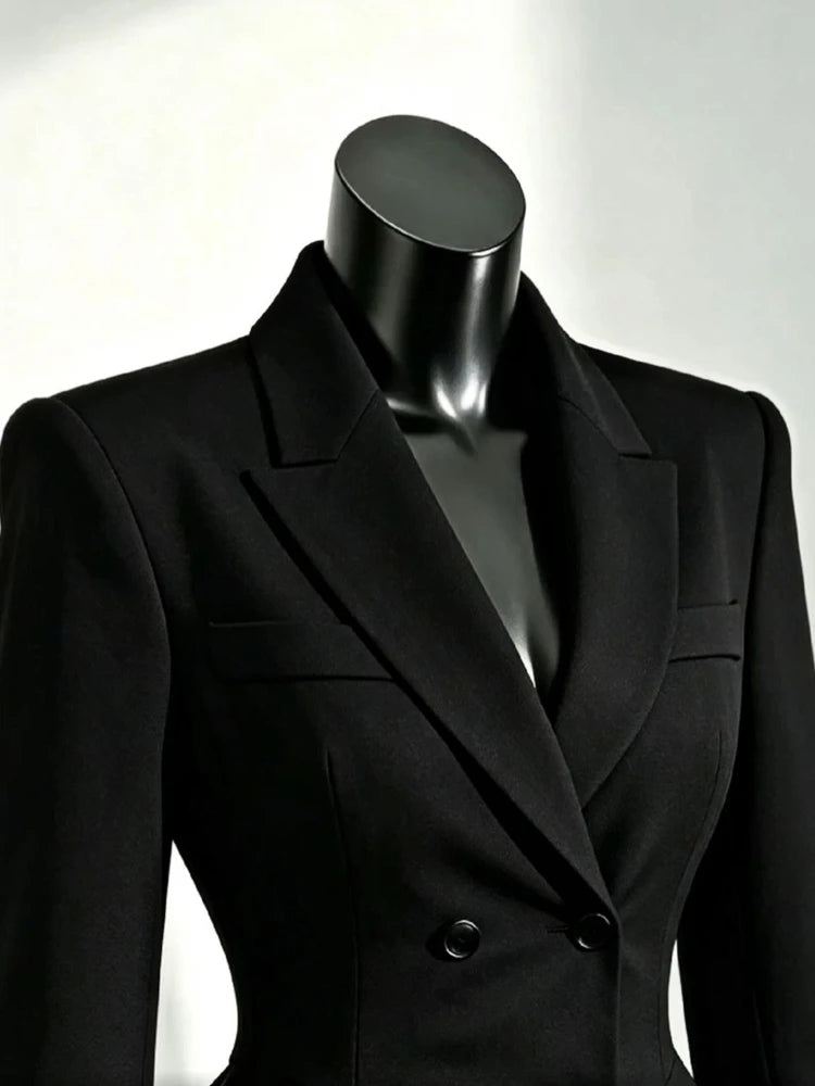 Blazer Jacket – Double Breasted Waist Cinch – Black | KIMLUD