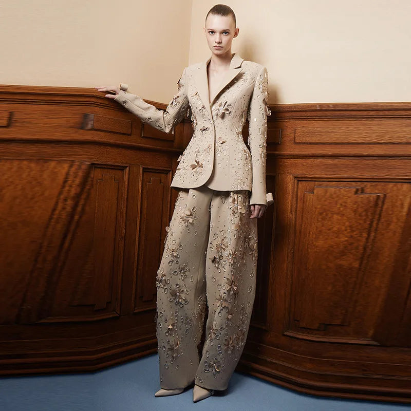 Beaded Flower Two-Piece Suit Set – Laminated Fabric – Slim | KIMLUD