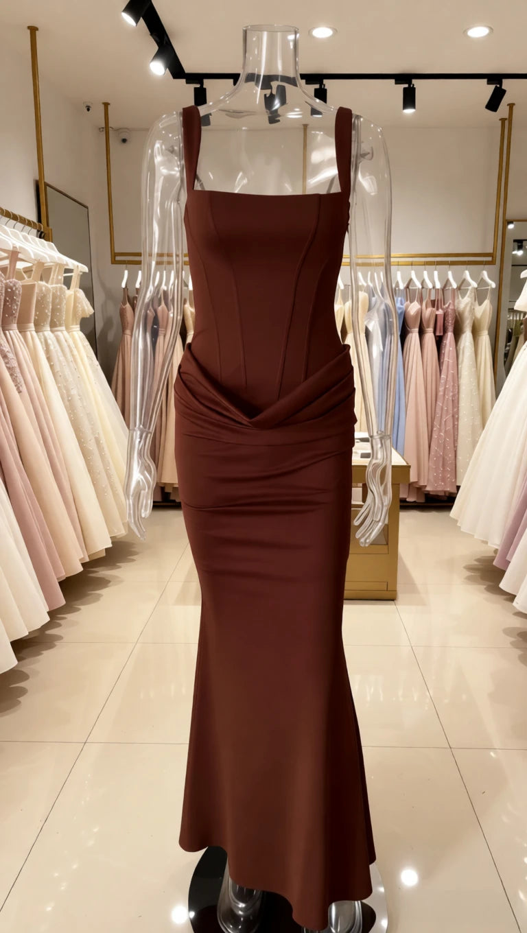 A sleeveless, floor-length brown dress displayed on a clear mannequin inside a bridal or formalwear boutique, with rows of light-colored dresses hanging in the background.