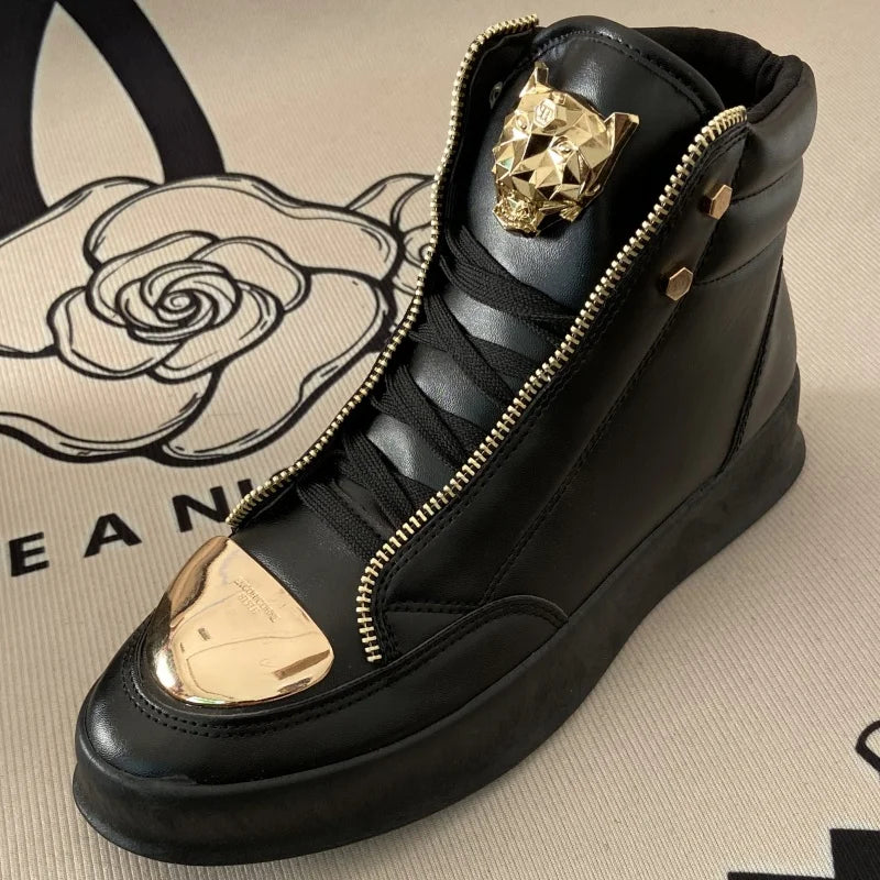 Artificial Leather High-Top Sneakers With Zip Decoration — Black | KIMLUD