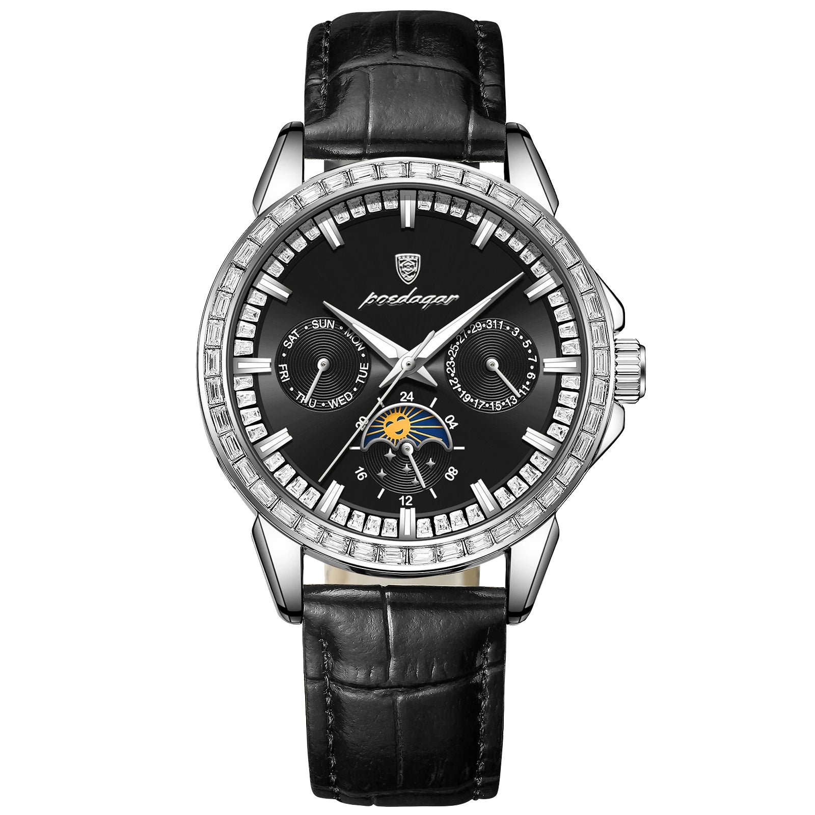 POEDAGAR Luxury Diamond Wristwatch For Men Date Week Waterproof Luminous Man Watch Fashion Business Leather Men's Quartz Watches