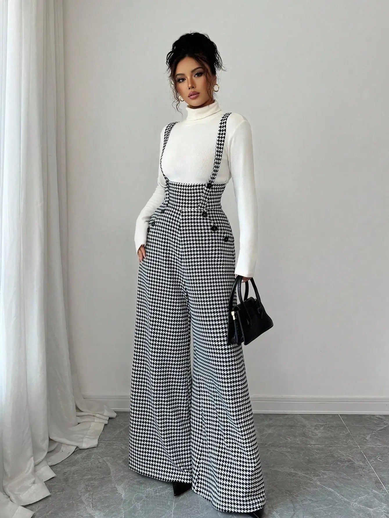 Wide-Leg Jumpsuit Vintage Suspender Silhouette — Black and White | KIMLUD
