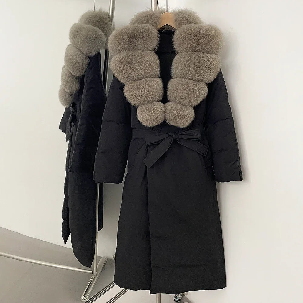 OFTBUY Long Puffer coat Real Fox Fur White Duck Down Coat New Winter Women Collar Fluffy  Jacket Female Thick Warm Reality Fur