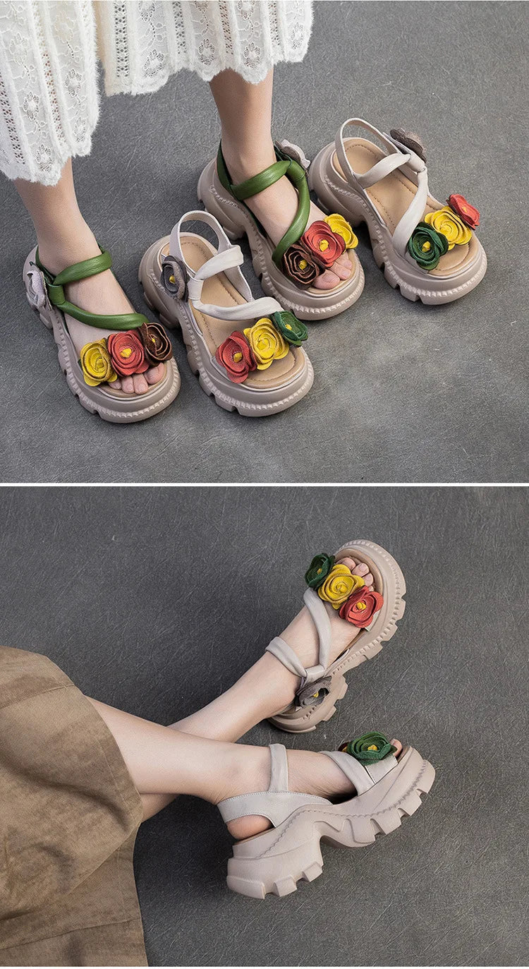 Koznoy 7cm Cow Genuine Leather Platform Wedge Women Summer Flower Slippers Pumps Hook Hollow Mary Jane Sandals Shoes Flats