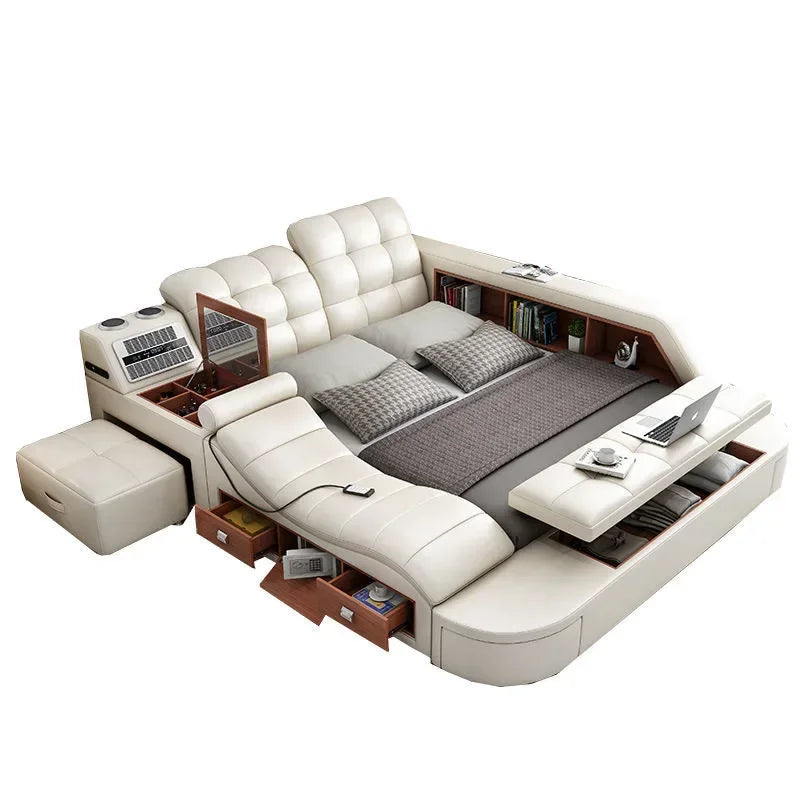 Genuine Leather Bed Tech Smart Multifunctional Massage, Bluetooth Speaker, Air Cleaner — White | KIMLUD