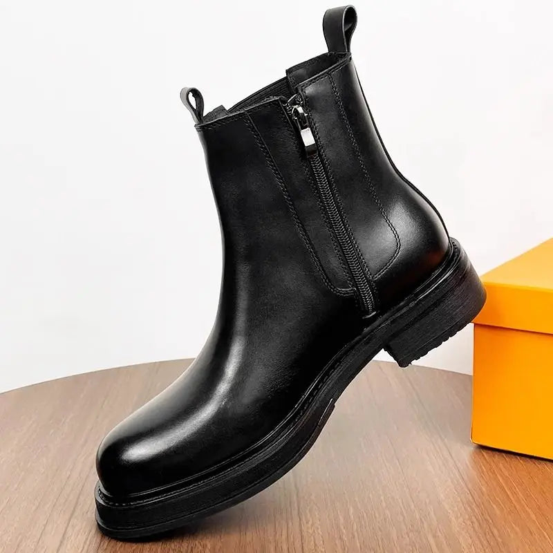 Leather Chelsea Boots Mid-Calf Round Toe — Black | KIMLUD