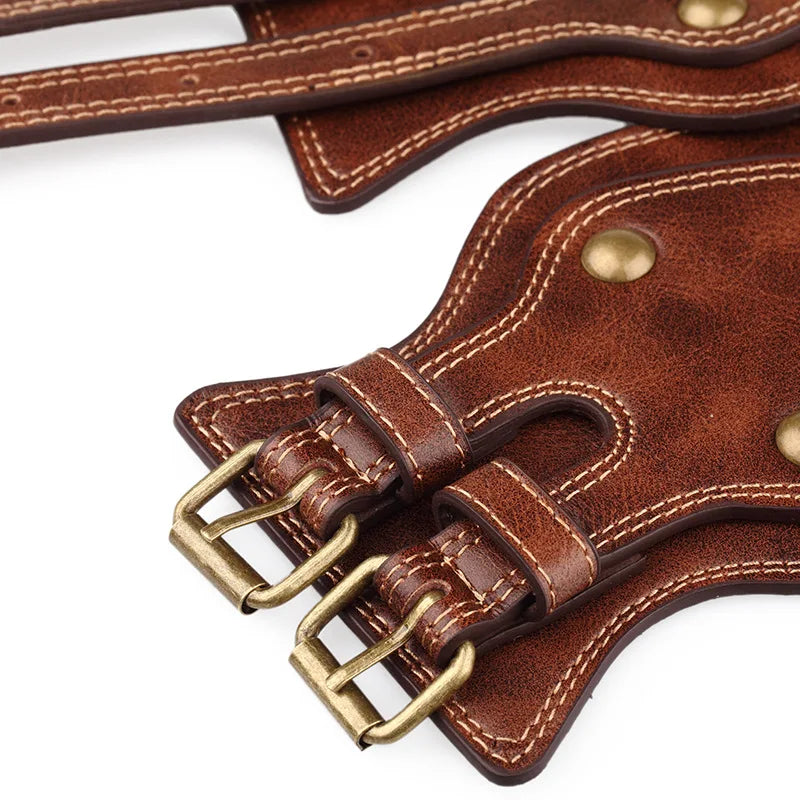 Wide Elastic Belts Leather Double Needle Buckle — Black | KIMLUD