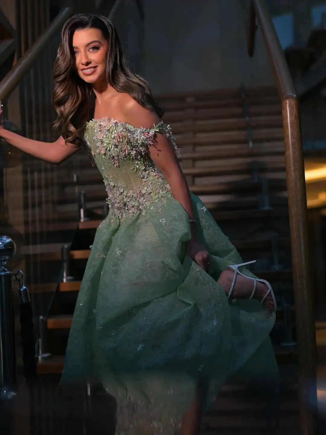 Evening Dress – 3D Floral Embroidery – A-Line Tulle – Mint Green | KIMLUD