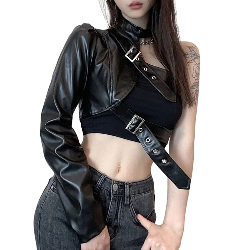 Leather Goth Crop Top for Women Punk Single Long Sleeve Neck Hanger Leather Belt Connected Tops 80s Emo Alt Punk Jacket Coat
