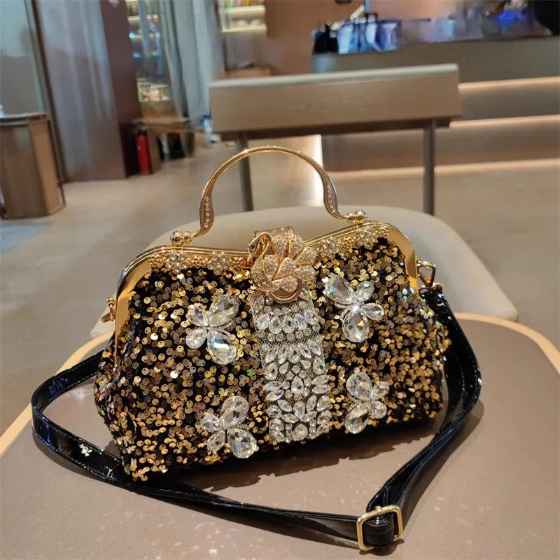 Leather Crystal Sequin Buckle Handbag — Black | KIMLUD