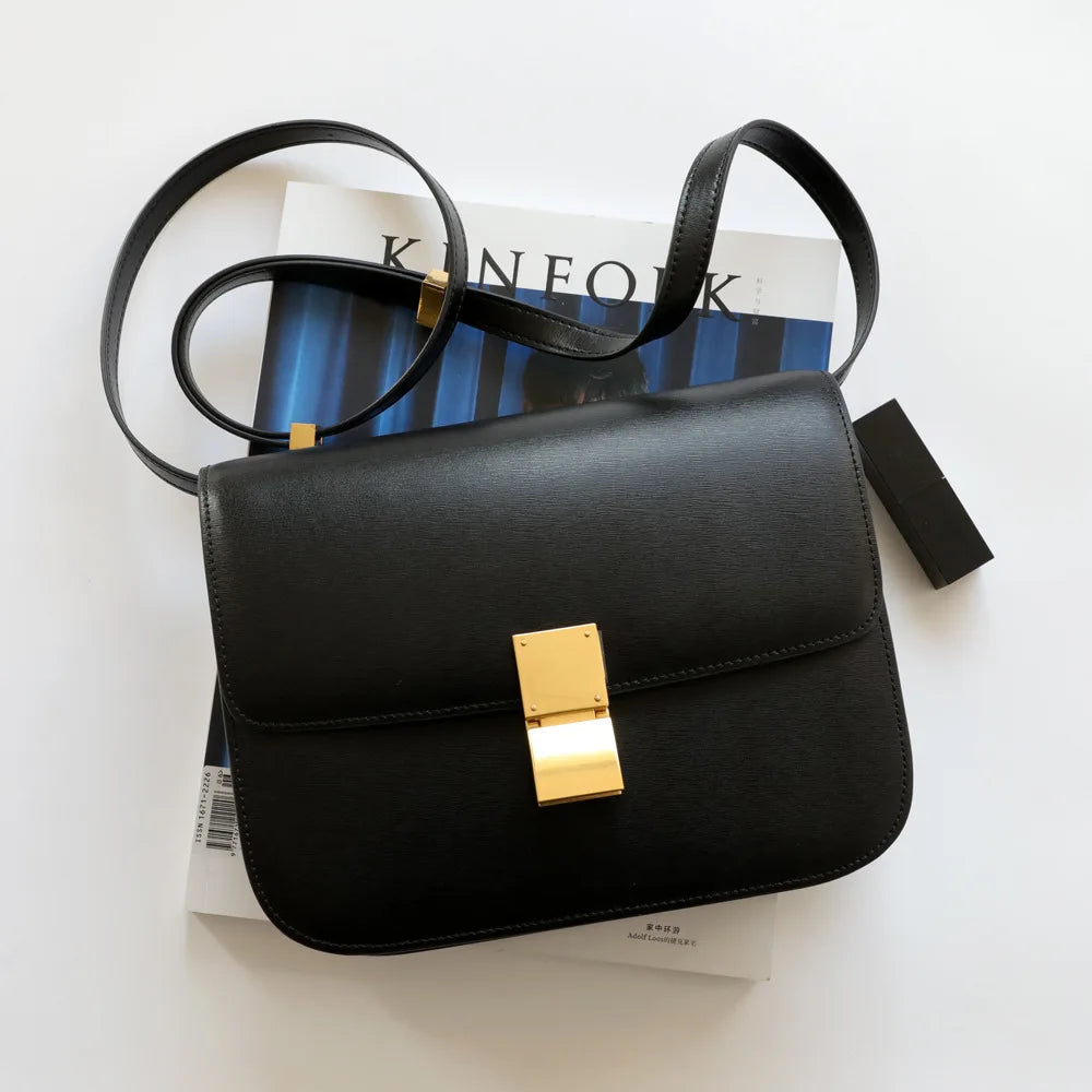 Split Leather Shoulder Bag Single Flap Lock — Black | KIMLUD