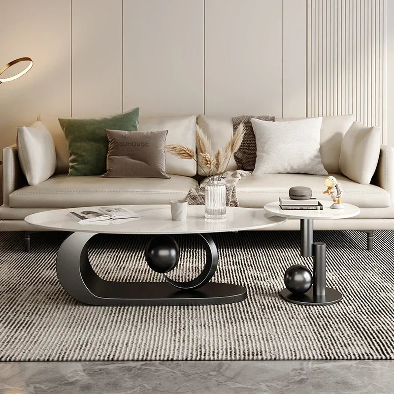 Wrought Iron Oval Coffee Table Marble-Top Italian Rock Plate European Design — Ivory | KIMLUD