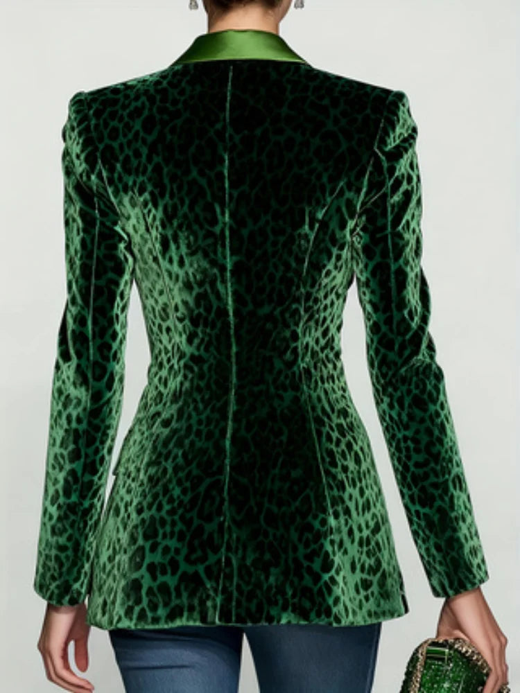 Green Leopard Velvet Women Suit Jacket Peak Lapel One Button Long Sleeve Formal Office Lady Blazer Retro Cotton Coat Customized