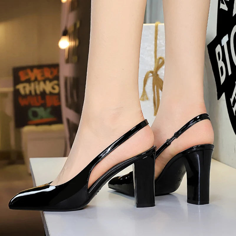 Patent Leather Block Heel Sandals — Wine Red | KIMLUD