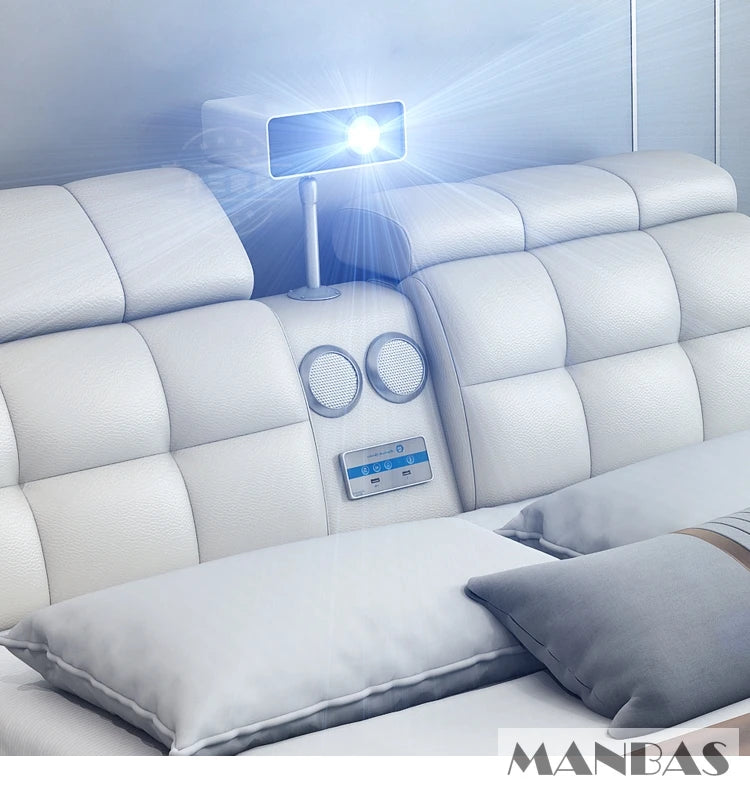 Genuine Leather Bed Frame Smart Multifunctional Tech — Ivory | KIMLUD