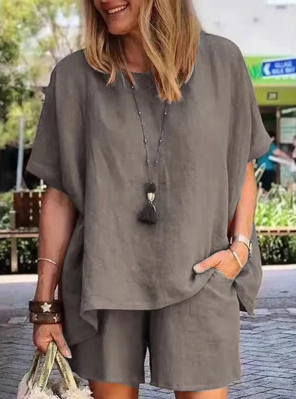 Cotton-Linen Two-Piece Set Plus Size Relaxed-Fit Short-Sleeve Top And Shorts — Steel-Blue | KIMLUD