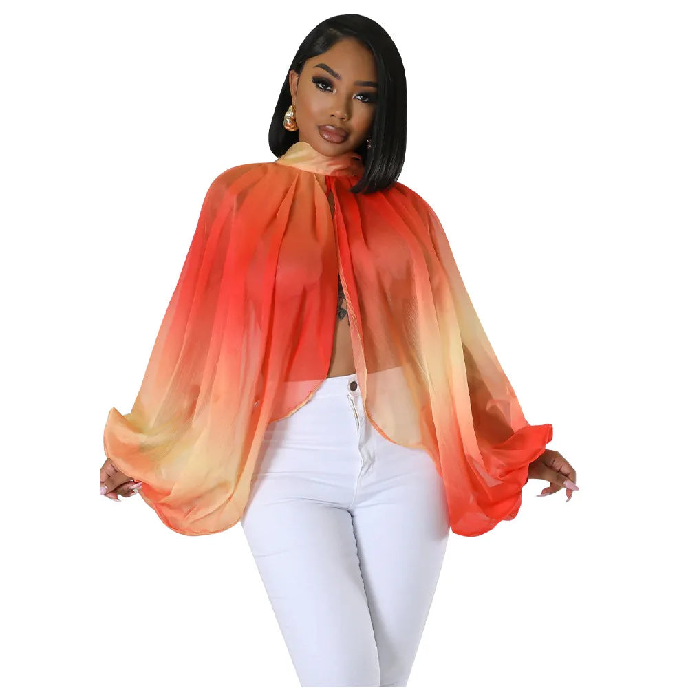 Women See Through Sheer Chiffon Blouse Sexy Front Back Open High Neck Self Tie Shawl Casual Shirts Y2K Night Club Party Tops