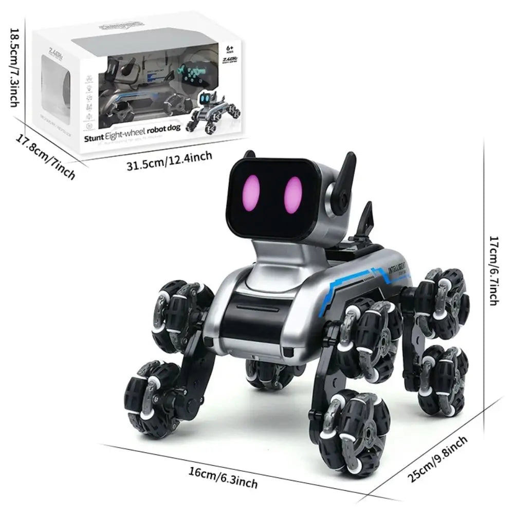 Creative Plastic RC AI Robot Silver Eight Wheeled Stunt Drift Robot Dog Remote Control Toy Dog Children's Gift