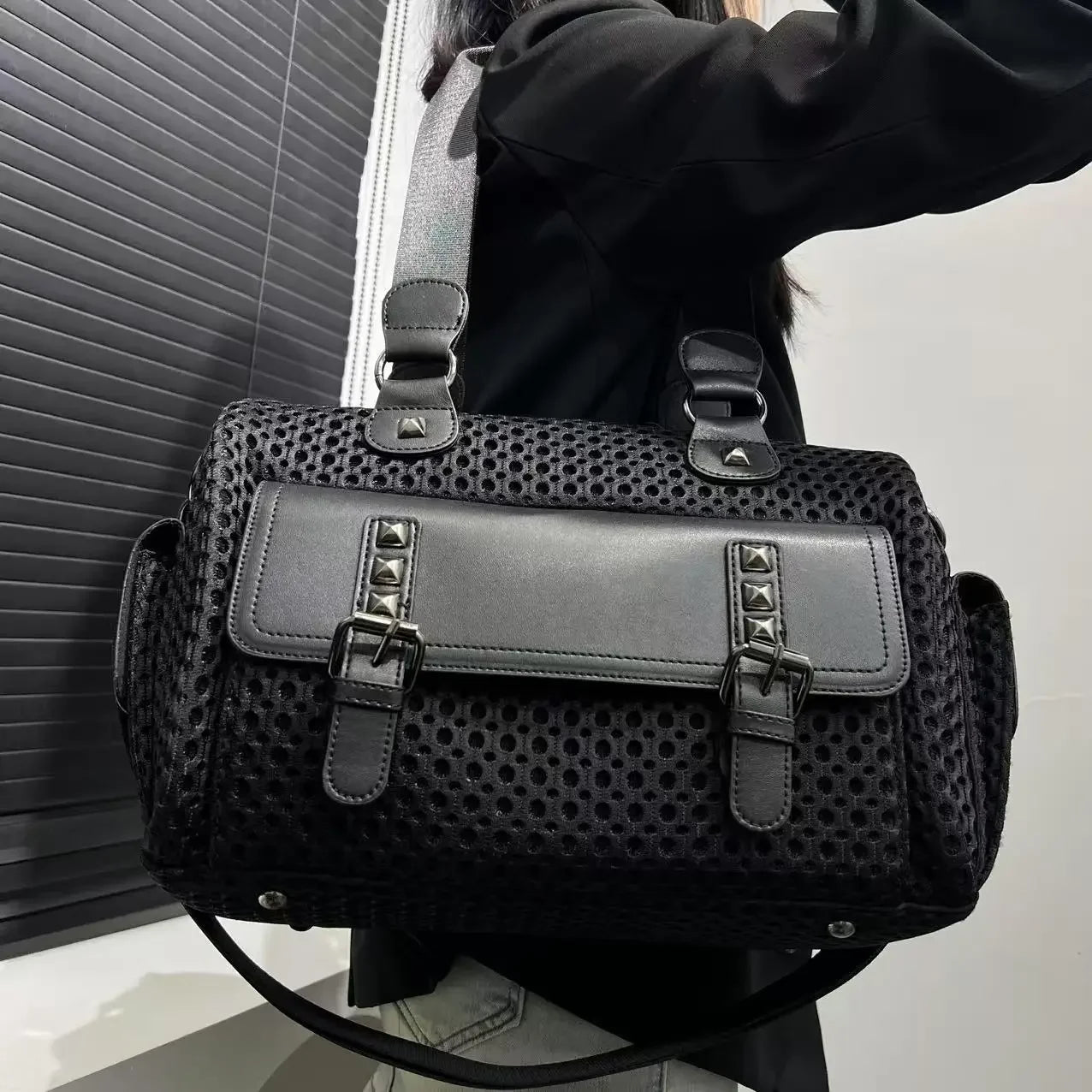 PU Leather Y2K Punk Wide Shoulder Bag — Black | KIMLUD