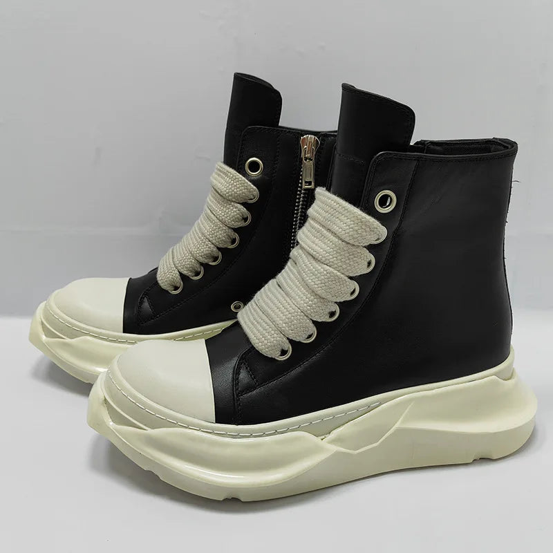 Mid-Calf Motorcycle Boots – High Heel – Leather – Black White | KIMLUD