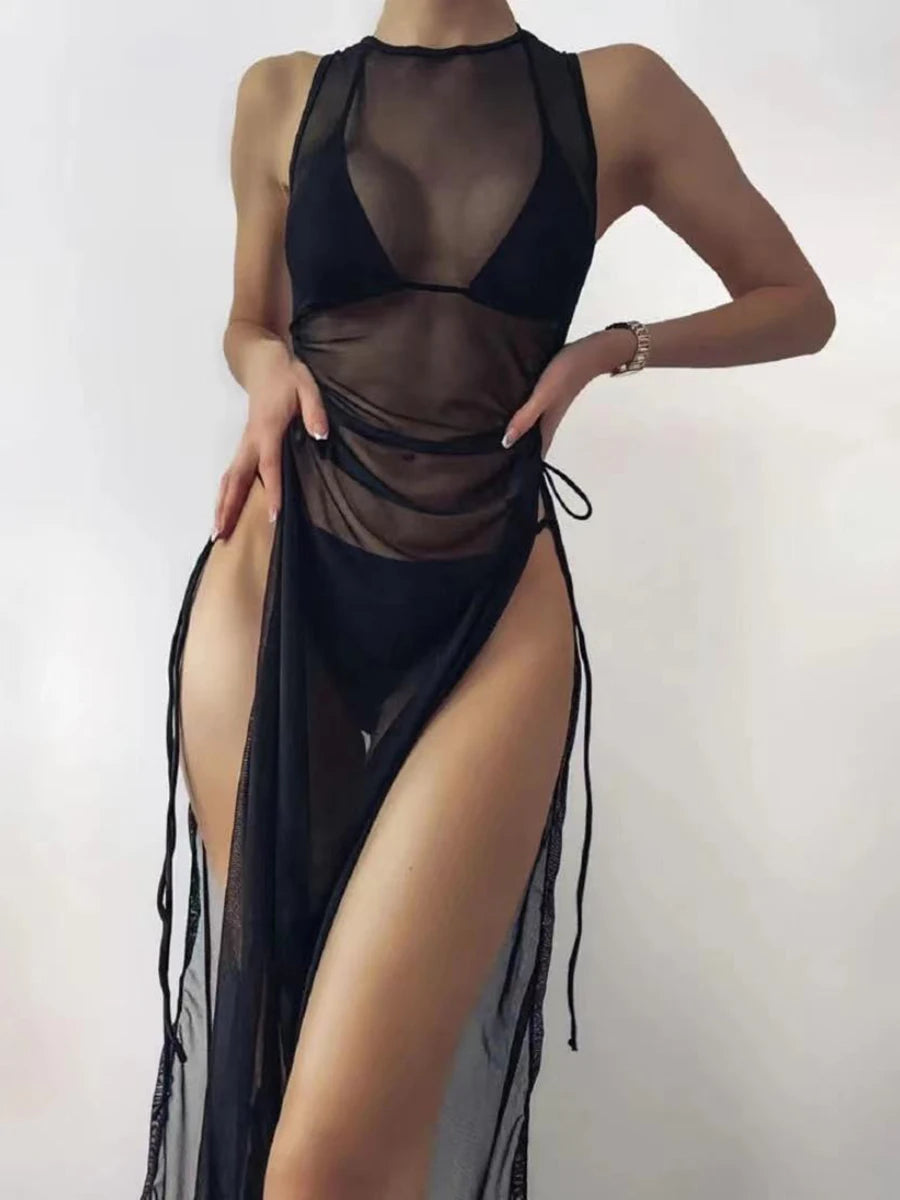 3 Pieces Thong Bikini 2023 Women With Dress String Swimwear Female Solid Swimsuit Beach Wear Bathing Swimming Suit Summer - KIMLUD