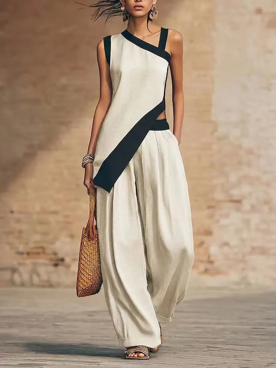 Wide Leg Color Block Pants And Top Set — Black | KIMLUD