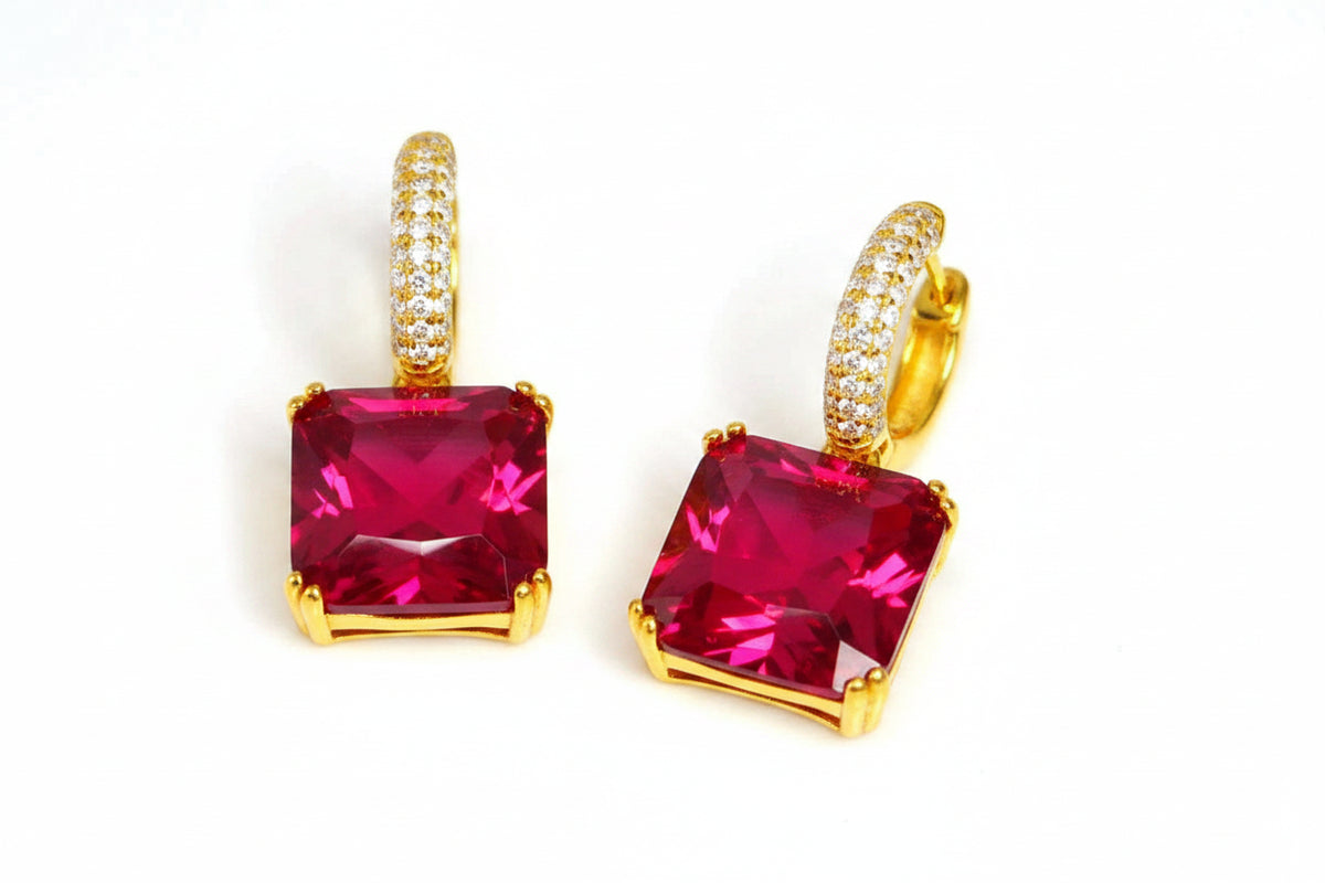 KIMLUD, KQDANCE 925 Sterling Silver with Square Stone Lab Diamond Ruby Red Emerald Green Gemstone Earrings Women Gold Plated Jewelry, KIMLUD Womens Clothes