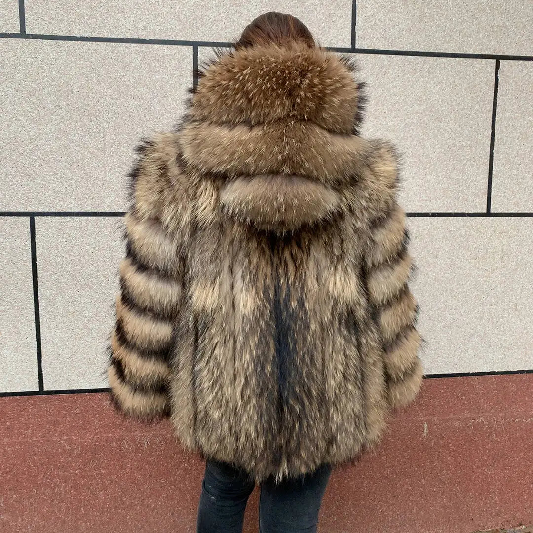New women's vertical hooded Real fox fur coat for autumn and winter fashion natural fur jacket vertical hooded raccoon fur coat