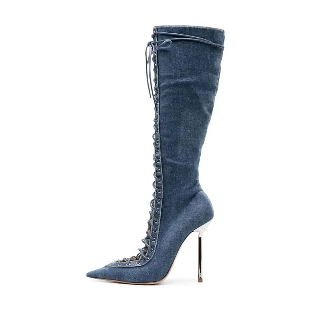 Mesh Leopard Cross Tie Knee-High Boots — Gray | KIMLUD