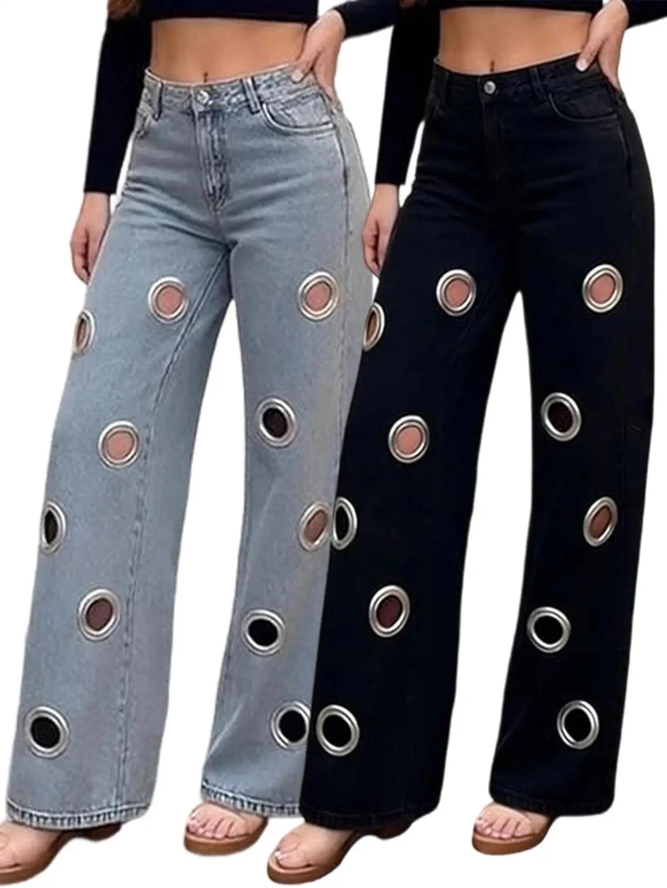 Pants High Waist Hollow Out Pants & Leggings Denim Straight Leg — Blue | KIMLUD