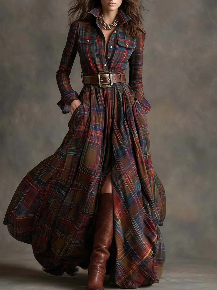 Polyester A-Line Dress Plaid Belted Retro Long Sleeve Turn-Down Collar — Black | KIMLUD