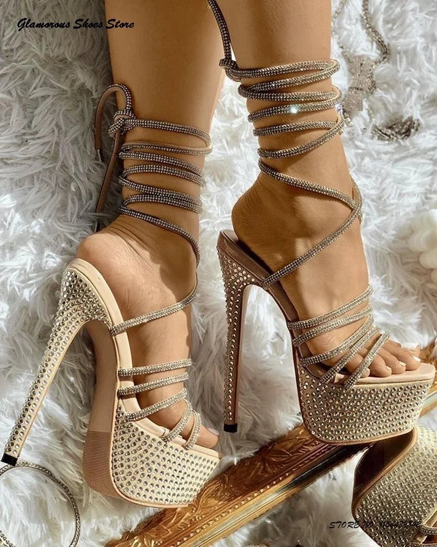 Sparkling Rhinestone Platform Sandals Summer Round Open Toe Thin High Heels Fashion Strappy Stilettos Lace-up Women's Shoes