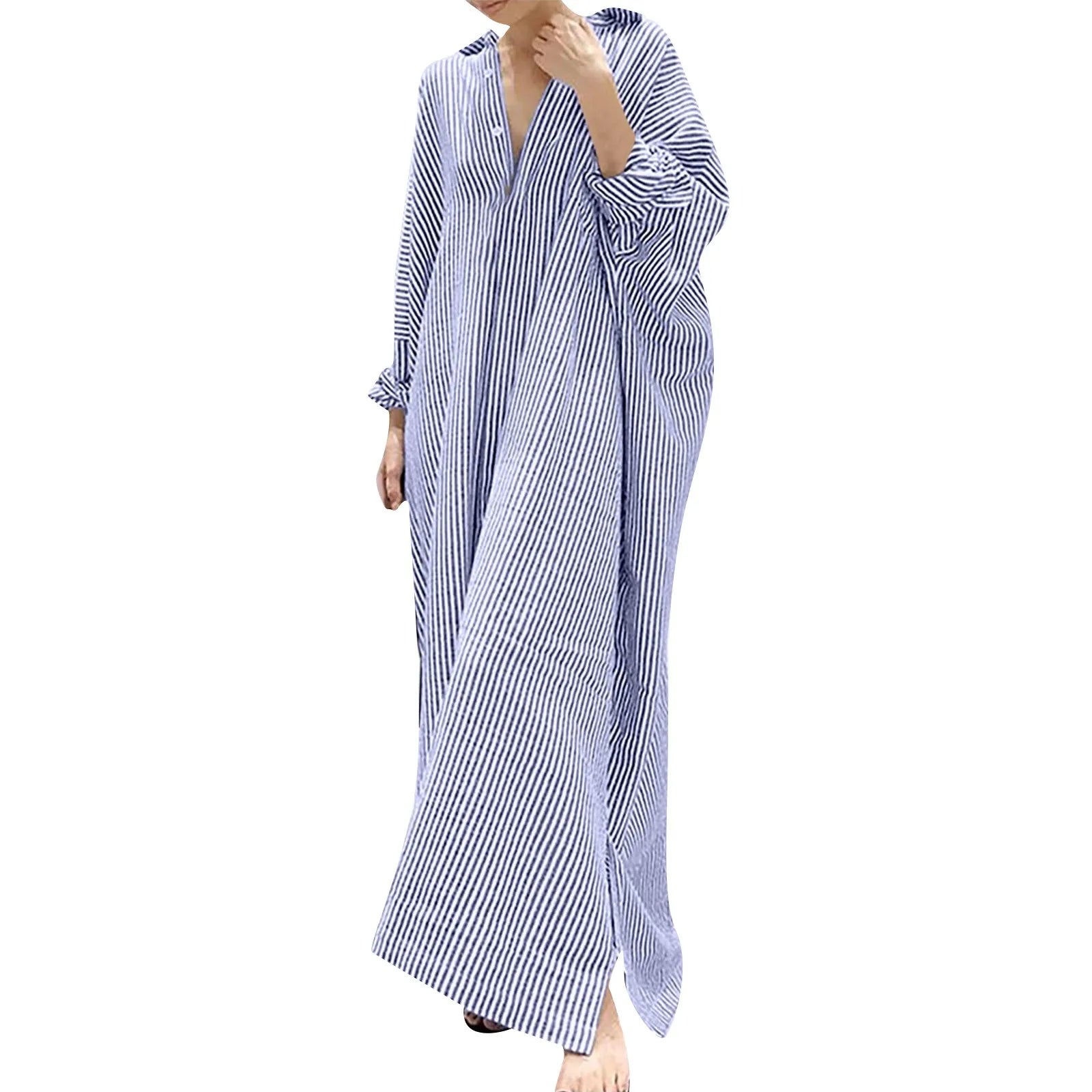 Cotton Maxi Dress Striped — Red and White | KIMLUD