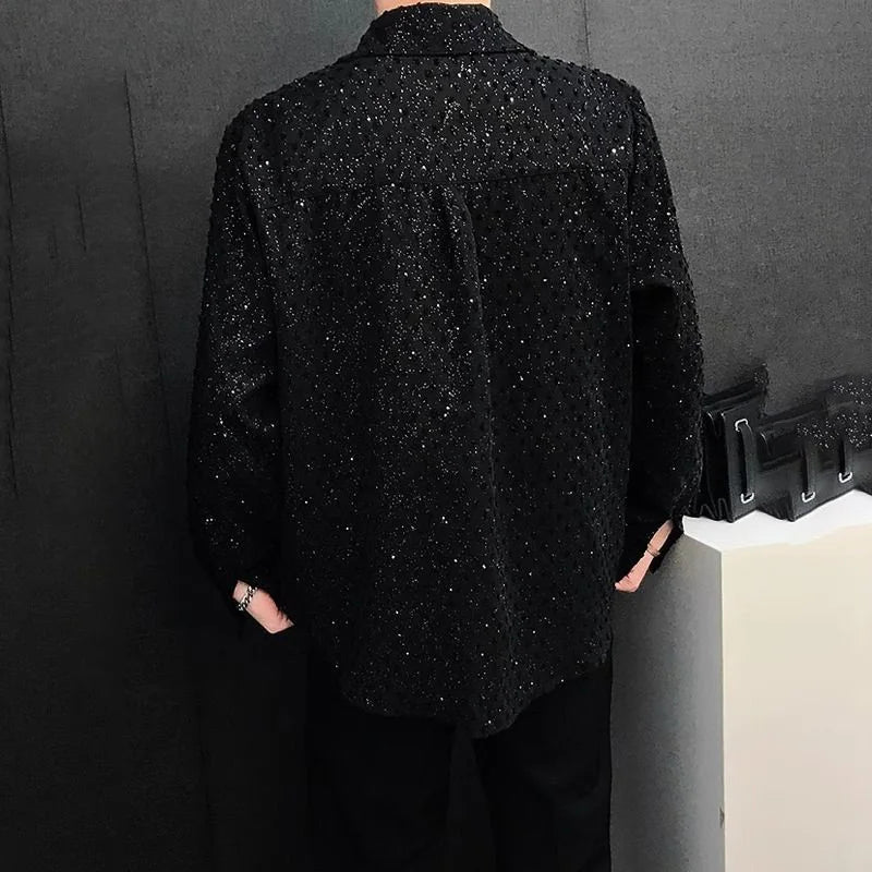 2025 Summer New Men's Starry Sky Hot Diamond Long Sleeve Shirt Korean Fashion Trend Retro Luxury Niche Party Stage Male Tops