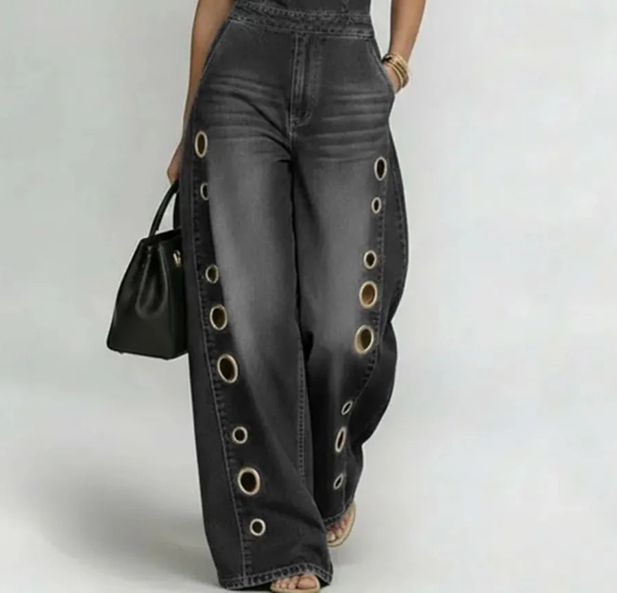 Denim Jumpsuit Sleeveless O-Neck Hollow Out Pockets — Solid Color | KIMLUD
