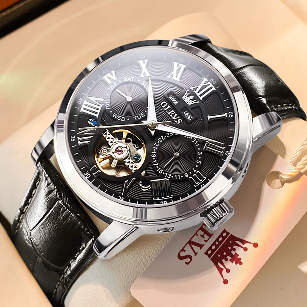 Luxury Automatic Watch With Brown Leather Strap And Mechanical Hand Wind Movement — Blue | KIMLUD