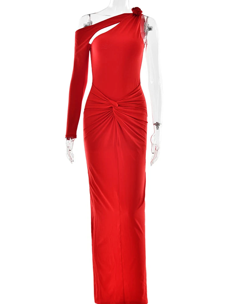 Bodycon Hollow-Out Dress Single-Sleeve — Red | KIMLUD