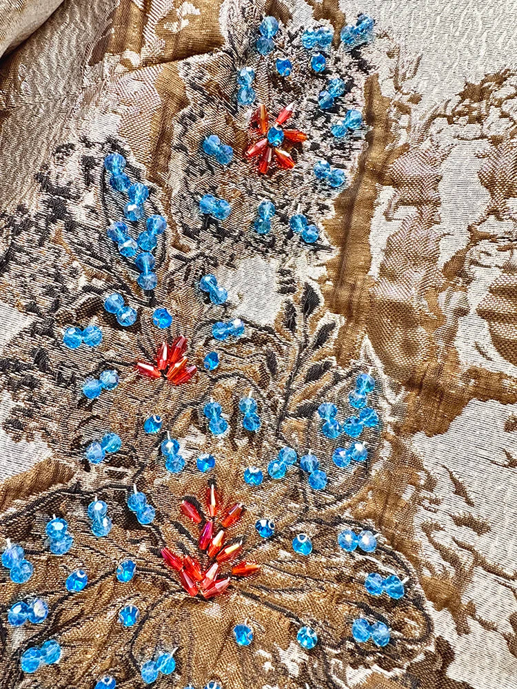 Luxury Jacquard Coat for Women Autumn Winter Vintage Gold Embroidery Beaded 3/4 Sleeve Loose Outerwear Elegant Retro Jacket