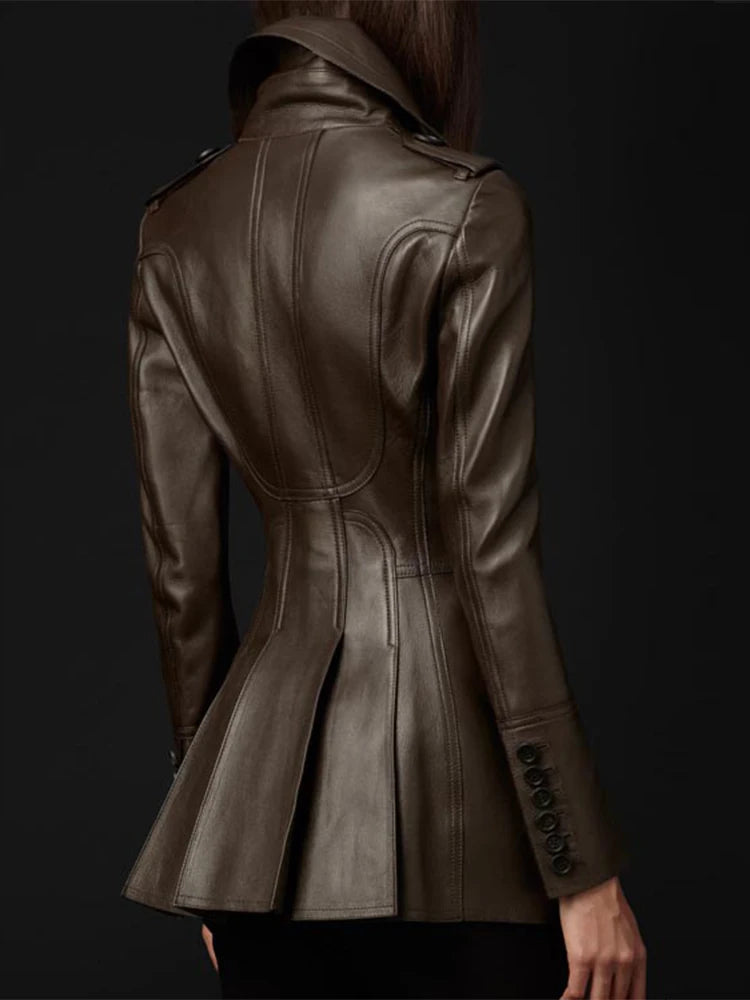 Coats & Jackets – Double Breasted – Faux Leather – Brown | KIMLUD