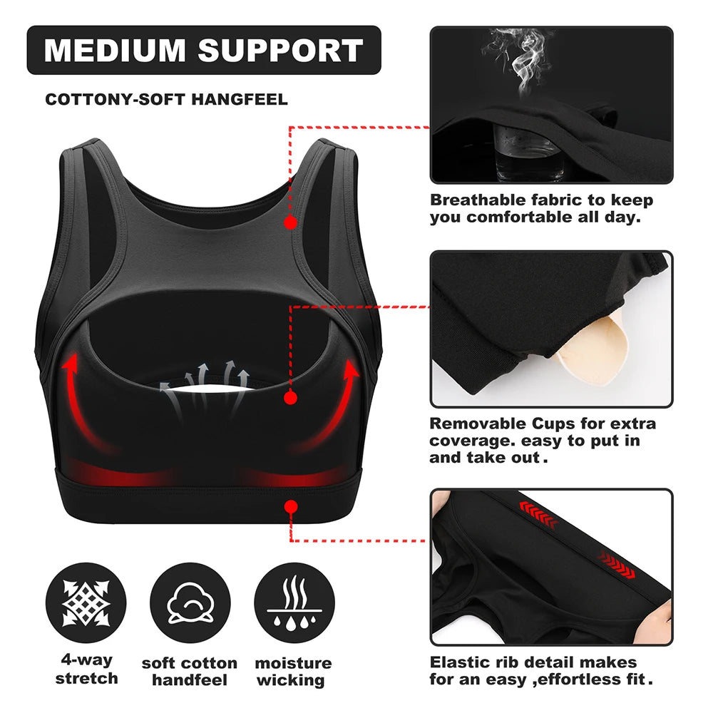 Nylon Elastane Sport Bra With Removable Cups — Black | KIMLUD
