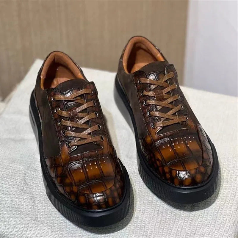 Authentic Exotic Crocodile Skin Hand Painted Men's Soft Board Shoes Genuine Real Alligator Leather Male Lace-up Patchwork Flats