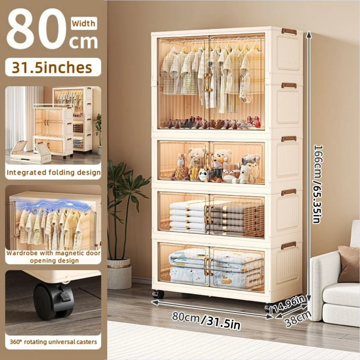 80cm no-installation folding storage cabinet, bedroom children's wardrobe, multi-layer storage box with wheels