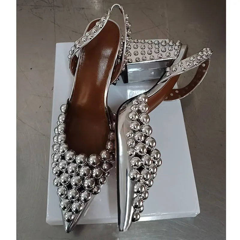 Rivet Studded Sandals With Crystal Bead — Red | KIMLUD