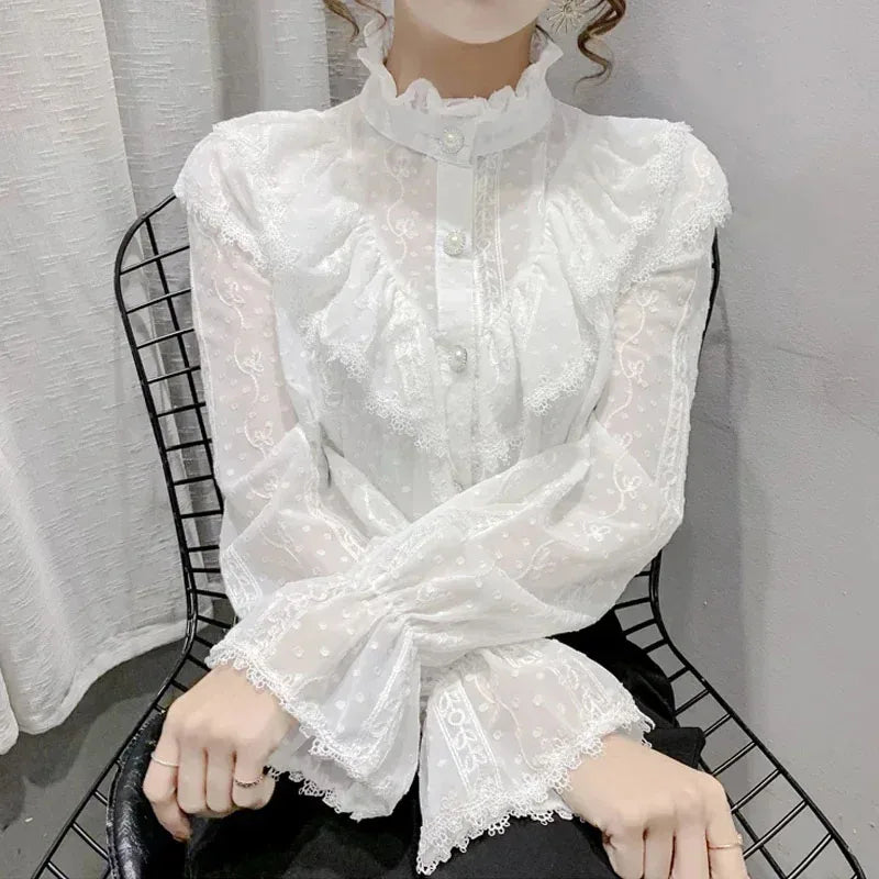 Chiffon Blouse Stand Collar Lace — White Apricot | KIMLUD