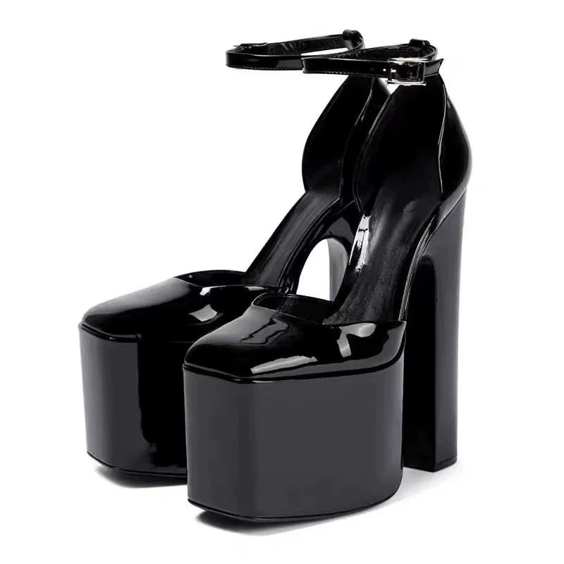 Shiny Patent Leather Platform Heels — Black | KIMLUD