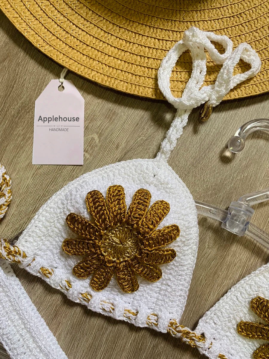 Crochet Bikini Set With Gold Floral Appliqués — Navy | KIMLUD